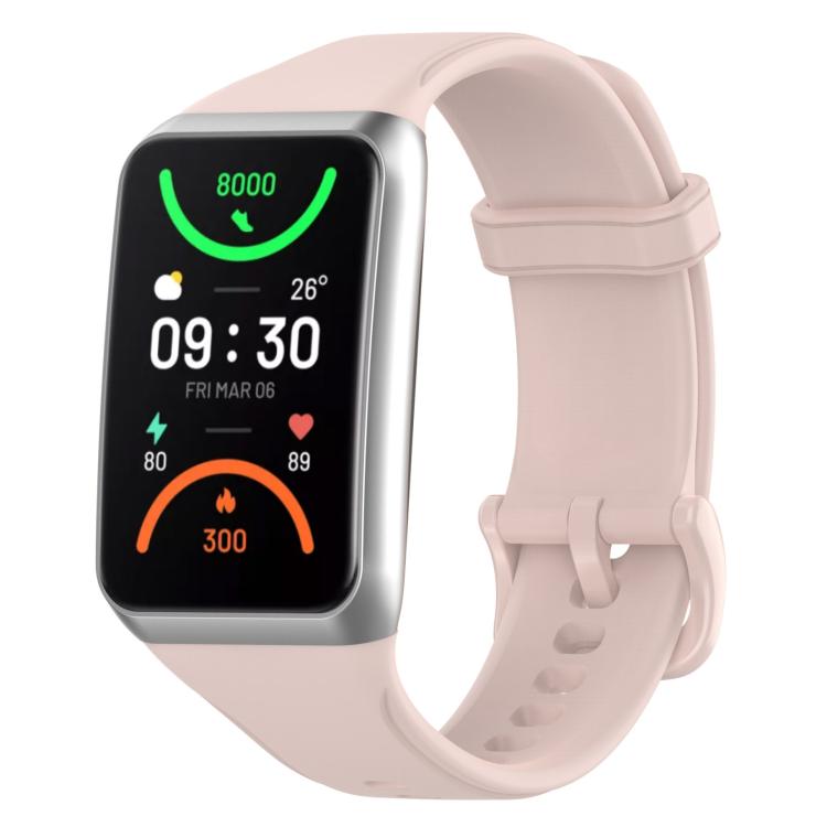 Pale pink TPU sport watch band with a rectangular smartwatch face and adjustable buckle.