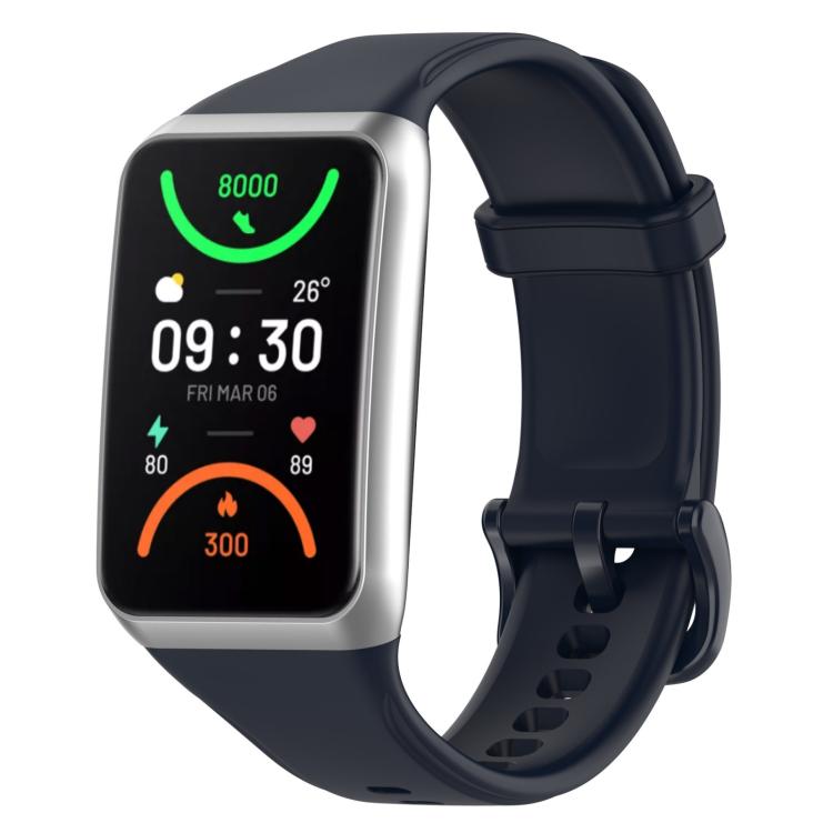 Dark navy TPU sport watch band with a rectangular smartwatch face and adjustable buckle.