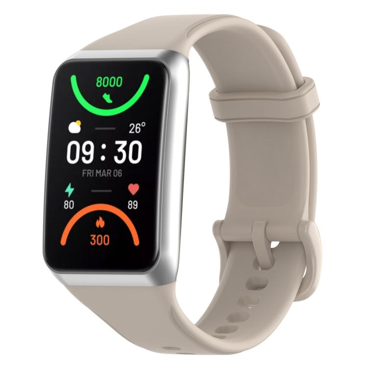 Ivory TPU sport watch band with a rectangular smartwatch face and adjustable buckle.