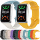Blue and yellow TPU sport watch bands shown with matching smartwatch faces and color options.