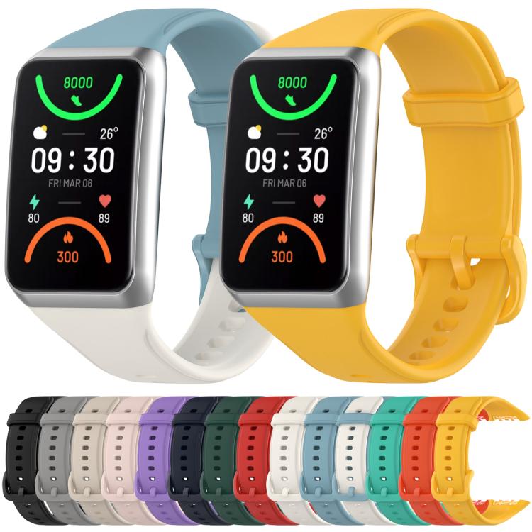 Blue and yellow TPU sport watch bands shown with matching smartwatch faces and color options.