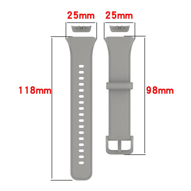 Gray TPU sport watch band with buckle and adjustment holes, showing strap dimensions