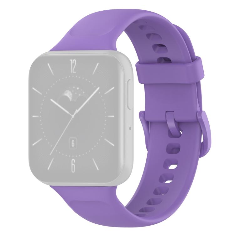 xDfind lilac silicone watch band fitted to a watch with a pale display.