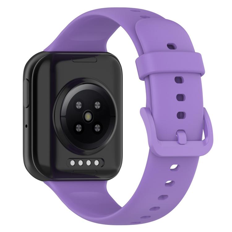 xDfind lilac silicone watch band fitted to a watch, shown from the back.