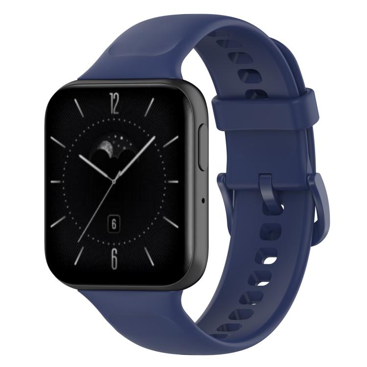 Midnight blue silicone watch band fitted to a rectangular smartwatch, with adjustable buckle and holes