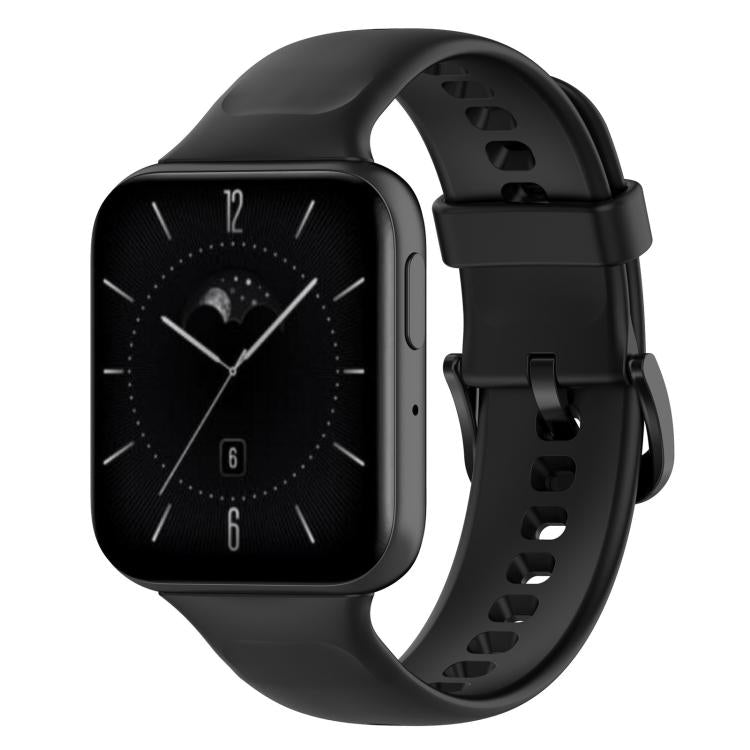 Black silicone watch band fitted to a rectangular smartwatch, with adjustable buckle and holes