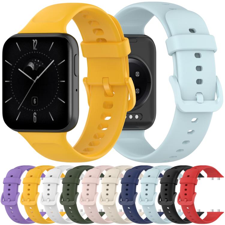 Silicone watch bands in yellow and pale blue shown with a watch; multiple colors pictured below