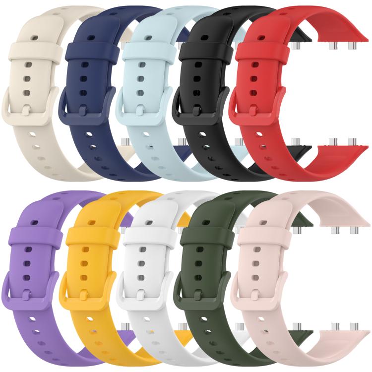 Ten silicone watch bands in assorted colors, shown with adjustable buckles and perforations