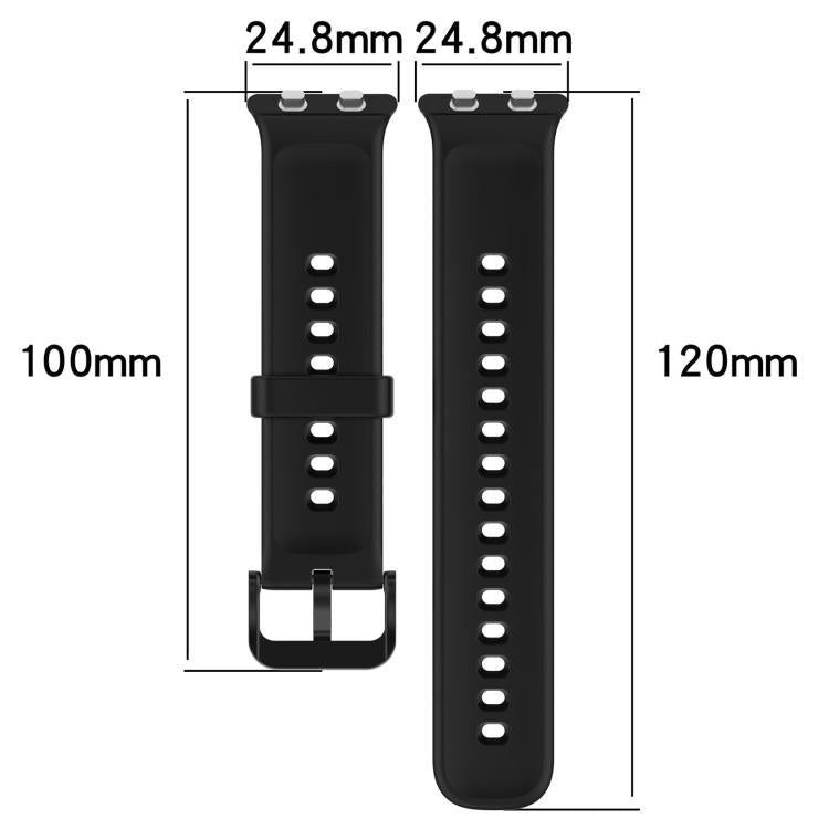 Black silicone watch band pair with buckle, adjustment holes, and length measurements