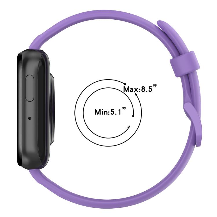 Lilac silicone watch band shown in profile with wrist size range marked from 5.1 to 8.5 inches