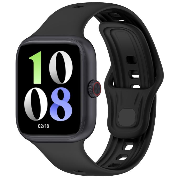 Black silicone watch band fitted to a black smartwatch, with adjustable holes and pin closure.