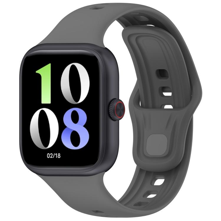 Dark gray silicone watch band with a black smartwatch, buckle loop and adjustment holes