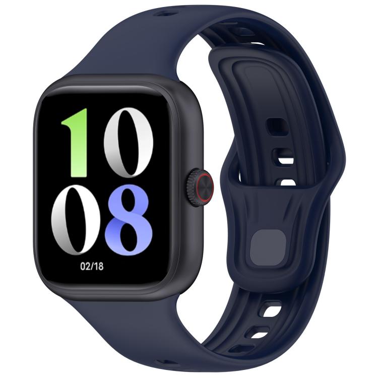 Navy silicone watch band with a black smartwatch, buckle loop and adjustment holes