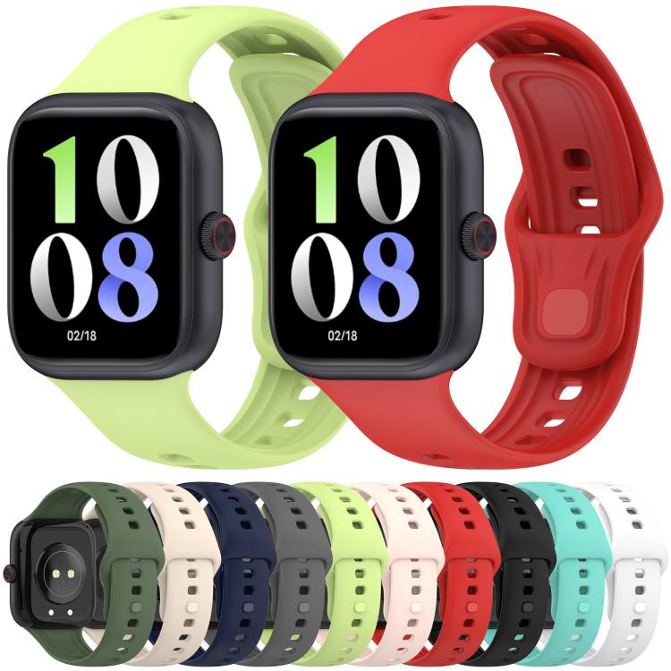 Silicone watch bands in lime and red, shown on watches and in assorted colors