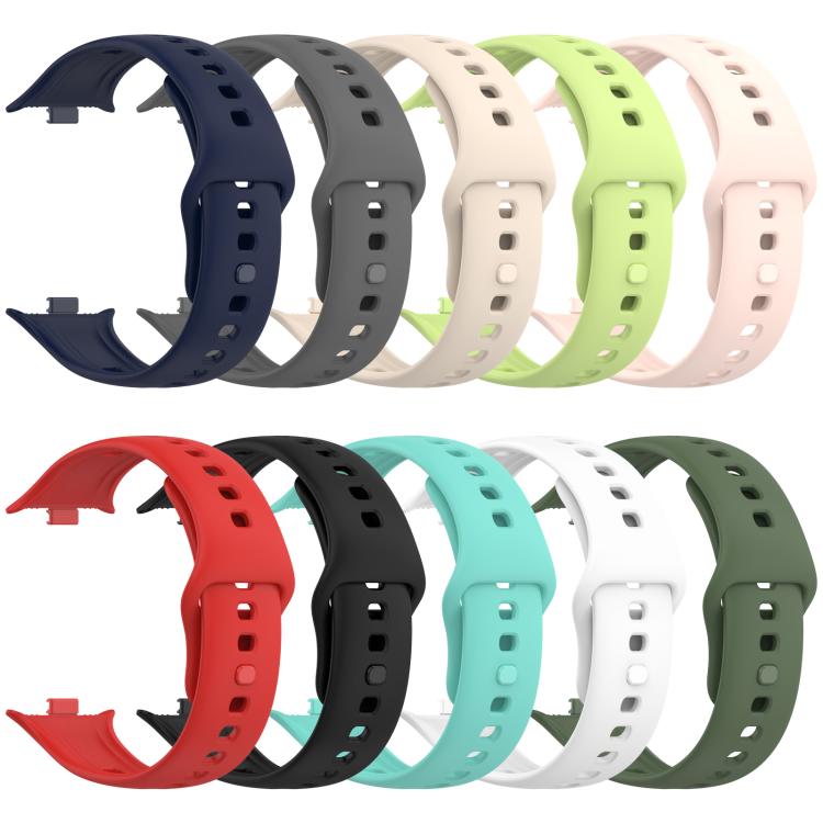 Ten silicone watch bands in assorted colors, with adjustment holes and connector ends
