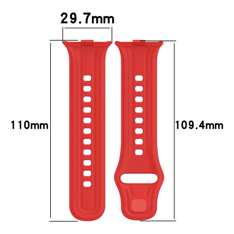 Red silicone watch band shown in two pieces with dimensions of about 110 by 29.7 mm