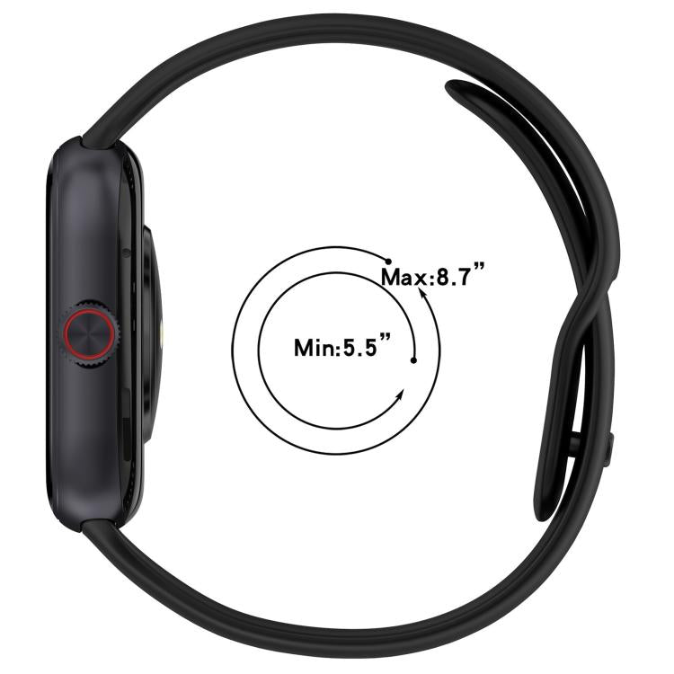 Black silicone watch band on a smartwatch, sized for 5.5 to 8.7 inch wrists
