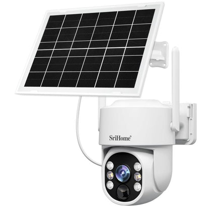 Solar-powered outdoor wireless security camera with white housing and solar panel