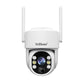 Wireless security camera with white dome housing, circular lens array, and two antennas