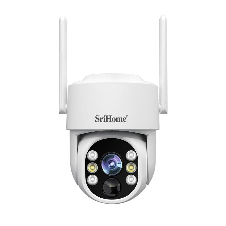 Wireless security camera with white dome housing, circular lens array, and two antennas