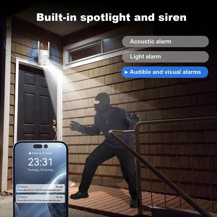Outdoor wireless security camera with spotlight and siren, plus app live view
