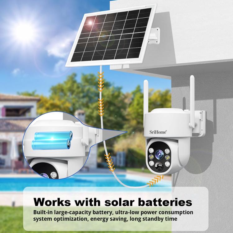 Outdoor solar security camera with white camera unit and angled solar panel