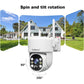 Wall-mounted security camera with adjustable head and two tall antennas, white