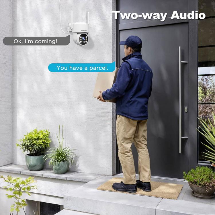 Wall-mounted outdoor security camera with front lens and small speaker grille, white