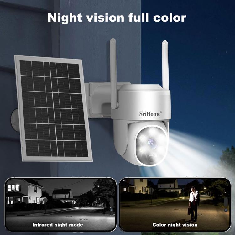 Solar security camera with illuminated lens for night viewing, white housing and panel