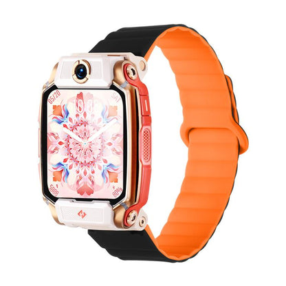 Black and orange silicone magnetic watch band shown on a children's smartwatch.