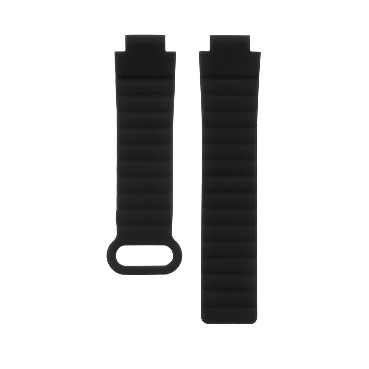 Black silicone watch band shown as two ribbed strap pieces.