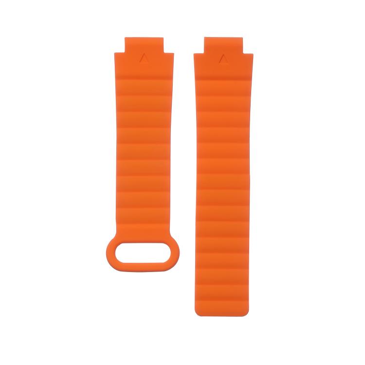 Orange silicone watch band shown as two ribbed strap pieces.