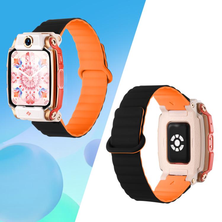 Black and orange silicone magnetic watch band shown on a smartwatch, front and back.