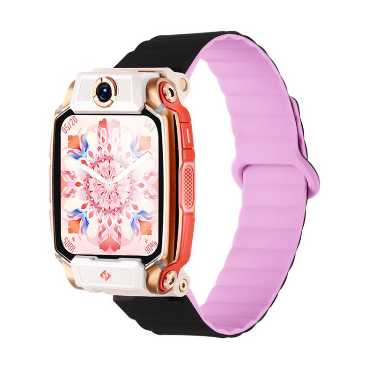 Black and pink silicone magnetic watch band shown on a children's smartwatch.