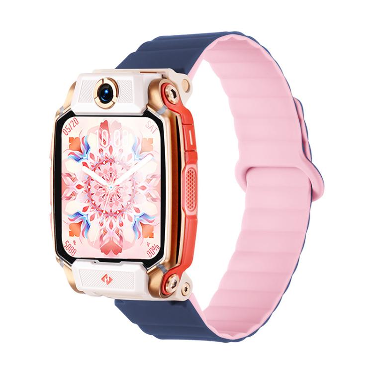 Two-tone silicone watch band in dark blue and pink, shown on a compatible watch