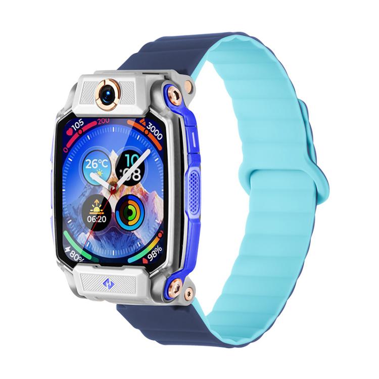 Two-tone silicone watch band in dark blue and light blue, shown on a compatible watch