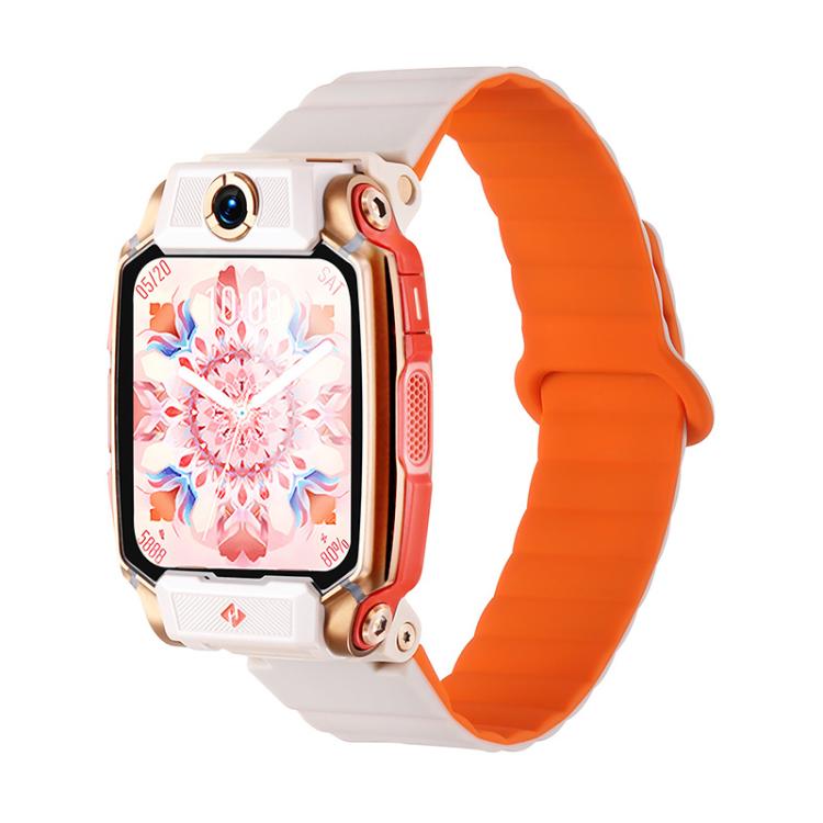 Two-tone silicone watch band in white and orange, shown on a compatible watch