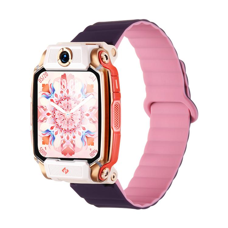 Purple and pink silicone magnetic watch band shown on a children's smartwatch.