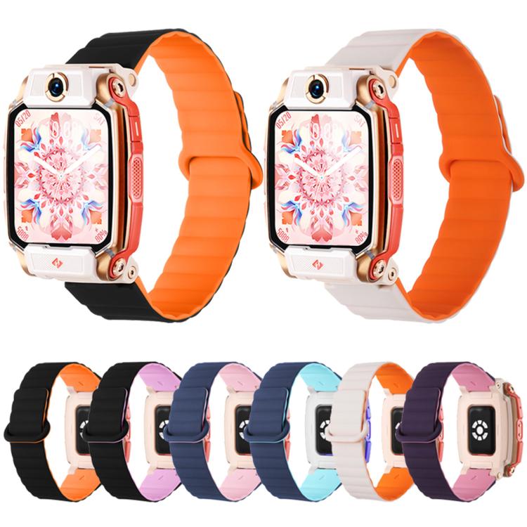 Two-tone silicone watch bands in black and orange, and white and orange, shown on watches