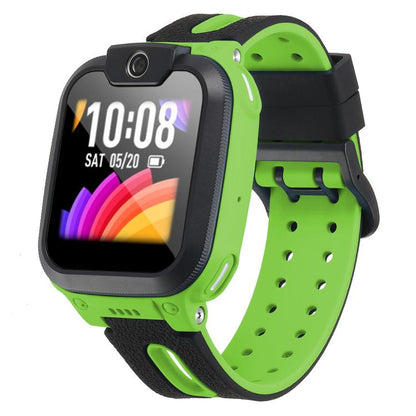 Kids' smartwatch with a bright green and black perforated silicone band