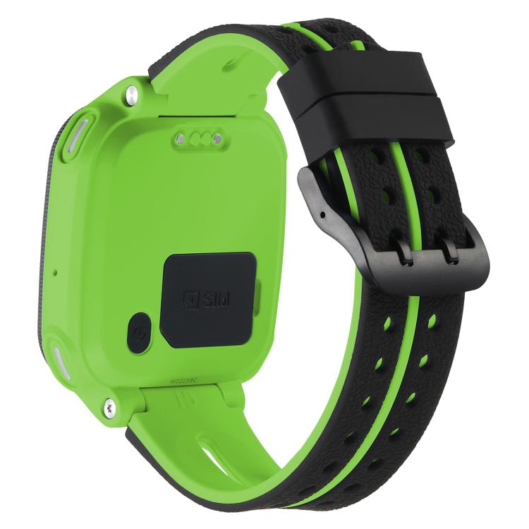 Back view of a kids' smartwatch with a green and black buckle band