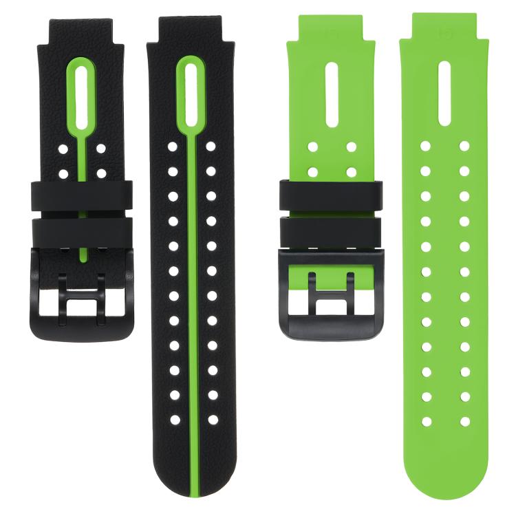 Green and black two-piece silicone watch band with buckle and adjustment holes