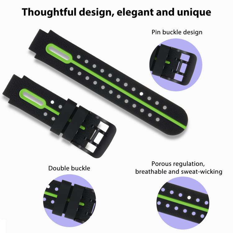 Black and green silicone watch band showing its pin buckle and perforations