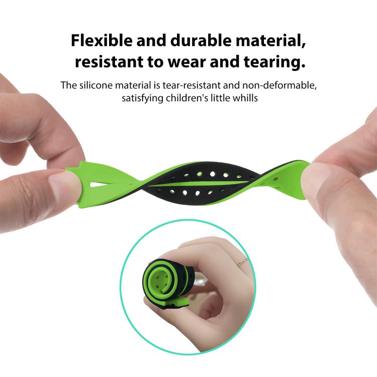 Flexible green and black silicone watch band shown bending