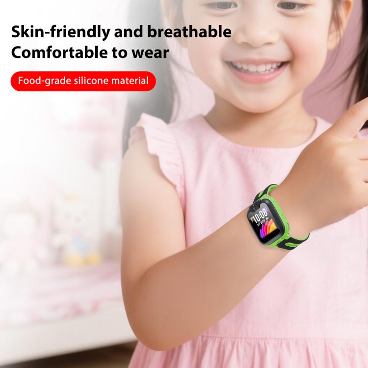 Kids' smartwatch with a green and black band worn on a child's wrist