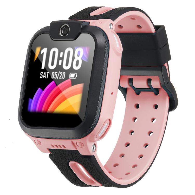 Kids' smartwatch with a pink and black perforated silicone band