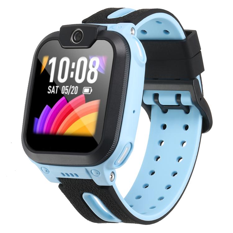Kids' smartwatch with a light blue and black perforated silicone band