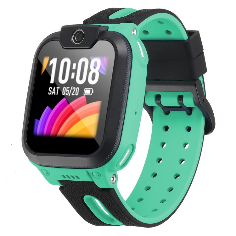 Kids' smartwatch with a turquoise and black perforated silicone band