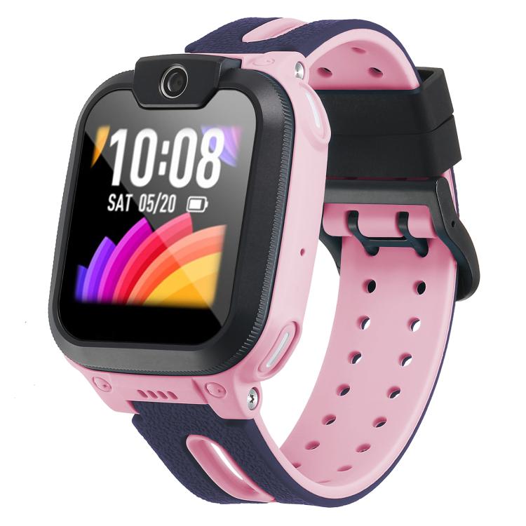 Two-tone silicone watch band in navy and pink, shown attached to a pink watch