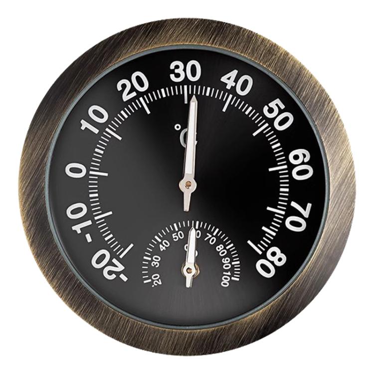Round car thermometer and hygrometer gauge with black dial, bronze rim, two pointers.